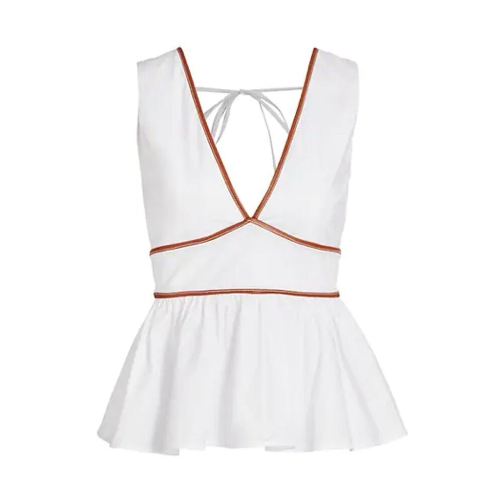 Staud Trent Peplum Top, Size 4 - WhiteFaux-leather piping